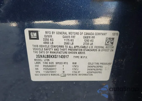 2016 Chevrolet Equinox Ls из США, поврежденный, VIN 2GNALBEKXG1143917